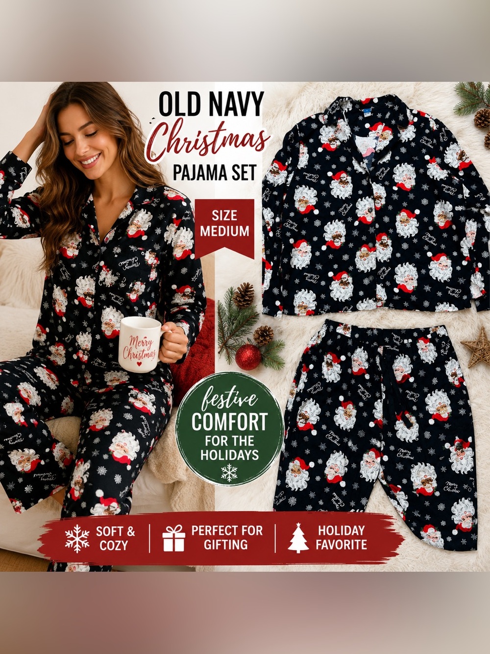 Old Navy Black Santa Print Holiday Pajama Set
